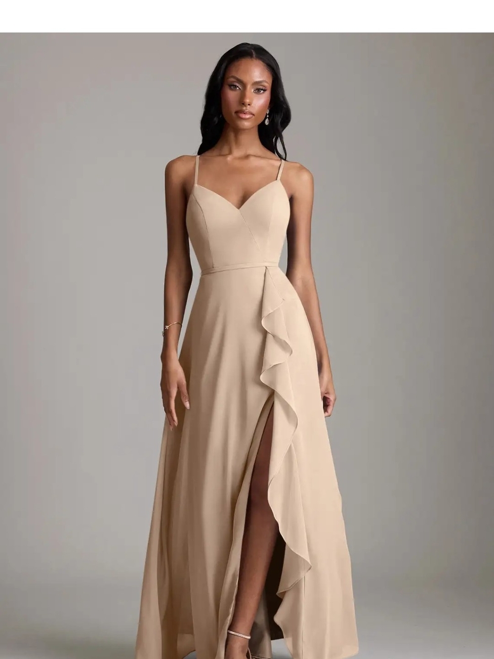 Azazie Beige Spaghetti-Strap Ruffle-Slit Maxi Dress